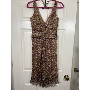 Trina Turk 100% Silk Leopard Print Sleeveless V Neck Cocktail Dress Size 6